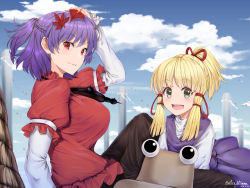2girls alternate_hairstyle arm_up arm_warmers artist_name black_skirt blonde_hair braid breasts brown_hat closed_mouth cloud dated day green_eyes hair_ornament hair_ribbon hat knee_up large_breasts leaf_hair_ornament leaning_forward long_hair looking_at_viewer mirror mitama_mudimudi moriya_suwako multiple_girls onbashira open_mouth outdoors ponytail puffy_short_sleeves puffy_sleeves purple_hair purple_skirt purple_vest red_eyes red_ribbon red_shirt ribbon rope shide shimenawa shirt short_sleeves sidelocks sitting skirt skirt_set smile touhou tress_ribbon unworn_headwear vest white_shirt yasaka_kanako