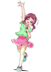 Rule 34 | 1girl, :d, arm up, blue shoes, blush, commentary request, dot nose, frilled skirt, frilled sleeves, frills, full body, green shirt, hair ornament, hairclip, hand up, happy, highres, holding, holding microphone, hugtto! precure, layered skirt, looking at viewer, low twintails, medium hair, microphone, midriff peek, miniskirt, navel, nono kotori, open mouth, pink skirt, precure, red eyes, red hair, shirt, shoes, short sleeves, short twintails, simple background, skirt, smile, solo, standing, standing on one leg, straight hair, thighhighs, twintails, white background, yakizakana (yakizakana10967), yellow thighhighs, zettai ryouiki