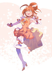 Rule 34 | 1girl, boots, bow, bowtie, brooch, choker, clenched hand, commentary, cure sunny, dot nose, feather sleeves, footwear ribbon, frilled skirt, frills, full body, hair bun, hair ornament, happy, high heel boots, high heels, hino akane (smile precure!), jewelry, leg up, light blush, looking at viewer, magical girl, mini tiara, miniskirt, open mouth, orange background, orange bow, orange bowtie, orange choker, orange eyes, orange hair, orange ribbon, orange shirt, orange shorts, orange skirt, orange theme, orange wrist cuffs, outline, pleated skirt, precure, ribbon, serizawa serizane, shirt, short hair, short sleeves, shorts, shorts under skirt, single hair bun, skirt, skirt set, smile, smile precure!, solo, tareme, teeth, thigh boots, tiara, train (clothing), twitter username, two-tone background, upper teeth only, white background, white boots, white outline, white sleeves, wing hair ornament, wrist cuffs