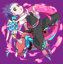 1girl ariados beast_ball cosplay full_body gen_2_pokemon highres holding holding_poke_ball hood hood_down janine_(pokemon) long_sleeves looking_at_viewer marvel nintendo open_mouth poke_ball pokemon pokemon_(creature) pokemon_hgss ponytail purple_background purple_eyes purple_hair spider-gwen spider-gwen_(cosplay) spider-man_(series) sutokame