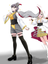 2girls :d absurdres bare_shoulders black_shoes black_thighhighs blue_eyes blush breasts buttons cape ceras_yanagida_lilienfeld closed_mouth clothing_cutout commentary double-breasted dress edel_note full_body gold_tiara grey_cape grey_hair grey_hat grey_shorts grey_vest hair_ribbon hat heart highres katsuragi_izumi large_breasts legwear_garter link!_like!_love_live! long_hair long_sleeves love_live! mary_janes multiple_girls nyuma official_alternate_costume open_mouth orange_eyes red_cape ribbon shadow shoes shorts shoulder_cutout simple_background skirt slit_pupils smile sparkle standing thighhighs tilted_headwear two-sided_cape two-sided_fabric vest virtual_youtuber wavy_hair white_background white_dress wolf_cut yellow_ribbon yellow_skirt