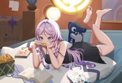 1girl absurdres bare_legs bare_shoulders barefoot black_dress blue_eyes book chinese_commentary citlali_(genshin_impact) commentary_request dress facial_mark forehead_mark genshin_impact hair_intakes highres indoors lying on_stomach paimon_(genshin_impact) pink_hair pleated_dress qingbaodantuiren solo spaghetti_strap strap_slip yae_miko