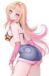 Rule 34 | 1girl, absurdres, ass, back, barbell piercing, bikini, black bikini, blonde hair, blue shorts, blush, breasts, chaisia art, commentary, detached sleeves, ear piercing, english commentary, eyelashes, fingernails, floral bikini, glint, grin, highres, industrial piercing, kitagawa marin, long hair, long sleeves, looking at viewer, median furrow, multicolored hair, nail polish, patreon username, piercing, pink eyes, pink hair, pink lips, pink nails, pink sleeves, shorts, shoulder blades, simple background, smile, solo, sono bisque doll wa koi wo suru, swimsuit, thighs, two-tone hair, white background