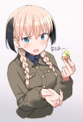 Rule 34 | 1girl, animal ears, blonde hair, blue eyes, blush, braid, braided twintails, breasts, commentary request, dog ears, dog girl, green jacket, jacket, looking at viewer, low twin braids, low twintails, luminous witches, lyudmila andreyevna ruslanova, medium breasts, military jacket, open mouth, shimada fumikane, solo, twin braids, twintails, upper body, world witches series