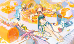 1girl 3girls ;) absurdres alternate_costume arknights bow cake candle choker clone crop_top denim denim_shorts elf fire food fruit highres holding kiwi_(fruit) kristen_(arknights) lyuqiu muelsyse_(arknights) multiple_girls navel one_eye_closed orange_(fruit) orange_hair orange_slice pointy_ears saria_(arknights) sarong shorts smile spoon strawberry striped_bow swiss_roll yellow_eyes