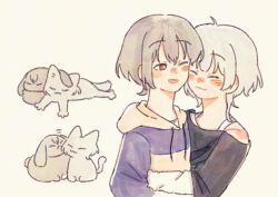 2girls animalization bang_dream! bang_dream!_it&#039;s_mygo!!!!! black_shirt blue_hoodie cat cheek-to-cheek closed_eyes closed_mouth commentary drawstring gampong44 grey_hair heads_together hood hoodie kaname_raana multiple_girls off-shoulder_shirt off_shoulder one_eye_closed open_mouth rabbit red_eyes shirt short_hair smile symbol-only_commentary takamatsu_tomori two-tone_hoodie white_hair wolf_cut yellow_hoodie yuri