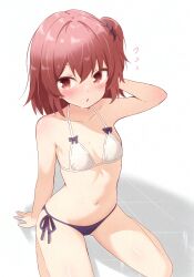 1girl :o arm_behind_head bikini black_bikini blush highres hitorilily hoshino_hinata one_side_up red_eyes red_hair scrunchie short_hair simple_background sitting solo swimsuit wariza watashi_ni_tenshi_ga_maiorita! white_background white_bikini