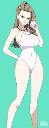1girl artist_name bare_arms bare_legs breasts brown_hair closed_mouth commentary_request eyelashes green_background green_eyes hand_on_own_hip hand_up highres holding holding_poke_ball jewelry large_breasts lipstick long_hair makeup necklace nintendo one-piece_swimsuit poke_ball pokemon pokemon_sv premier_ball r3dfive sada_(pokemon) simple_background smile solo swimsuit watermark white_one-piece_swimsuit