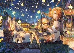 Rule 34 | 1girl, 4others, :d, bare shoulders, blue eyes, bottle, cup, earrings, fantasy, fingerless gloves, flower, gloves, glowing, hand up, highres, jar, jewelry, multiple others, night, night sky, open mouth, orange hair, original, outdoors, ponytail, rug, saddle, scenery, sho (sumika), sitting, sky, smile