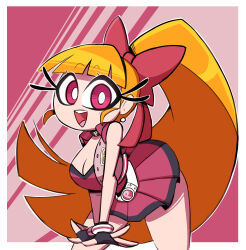 1girl 2024 aged_up blossom_(ppg) bow breasts cartoon_network cleavage earrings eyelashes female_focus fingerless_gloves gloves hair_ornament hair_ribbon highres jewelry long_hair miniskirt nelljoestar open_mouth orange_hair pink_eyes pink_ribbon pink_skirt powerpuff_girls powerpuff_girls_z ribbon skirt smile solo teeth thick_thighs thighs tongue