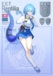 1girl absurdres belt belt_buckle belt_pouch biohazard_symbol black_straps blue_belt blue_eyes blue_hair blue_necktie blue_shoes blue_skirt blue_tail breasts bright_pupils buckle character_name collared_shirt commentary emblem english_commentary english_text extra_teeth fang fangs full_body gun handgun highres holding holding_gun holding_weapon holster id_card jerry_wang lizard_tail long_hair long_sleeves medium_breasts monster_girl necktie office_lady open_mouth original pleated_skirt pouch reptile_girl scales shirt shoes sig_p210 sig_sauer skin_fang skirt slit_pupils sneakers socks solo standing standing_on_one_leg swiss_flag tail tail_strap thighs trigger_discipline weapon white_pupils white_shirt white_socks