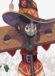 1girl belt black_belt black_gloves blush brown_hair covered_mouth cowboy_shot crowd dress fingerless_gloves food gag gag_harness gloves hair_between_eyes hat kono_subarashii_sekai_ni_shukufuku_wo! long_sleeves megumin panel_gag pillory raftetram red_dress red_eyes restrained scolds_bridle sidelocks solo_focus throwing witch_hat