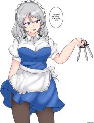 1girl apron black_pantyhose blue_eyes blue_skirt breasts commentary english_commentary english_text grey_hair highres holding holding_knife izayoi_sakuya knife large_breasts maid maid_apron maid_headdress pantyhose skirt spirallightning thighs touhou unconnected_marketeers