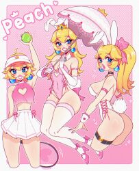 :o ahoge animal_ears arm_up ass back backless_outfit ball ball_earrings bare_arms bare_hips bare_shoulders black_choker blonde_hair blue_eyes breasts brooch choker cleavage cleavage_cutout clothing_cutout covered_navel crop_top cross-laced_clothes cross-laced_leotard crown crystalsugarstars detached_collar dithered_background elbow_gloves from_behind gloves grin hair_between_eyes heart_cutout high_heels highleg highleg_leotard highres jewelry large_breasts leotard lipstick long_hair looking_at_viewer looking_back makeup mario_(series) midriff mini_crown miniskirt multiple_views nintendo pink_leotard pink_shirt playboy_bunny pleated_skirt ponytail princess_peach rabbit_ears rabbit_tail racket shirt sideboob sideless_outfit skindentation skirt sleeveless sleeveless_shirt smile strapless strapless_leotard tail tennis_ball tennis_racket thick_thighs thigh_strap thighhighs thighs thong_leotard visor_cap white_gloves white_leotard white_thighhighs wide_hips
