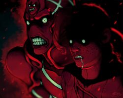 1boy 1other angry cleavage_cutout clothing_cutout drooling epitaph_(jojo) freckles green_eyes highres jojo_no_kimyou_na_bouken king_crimson_(stand) red_sweater red_teeth stand_(jojo) sweater teeth upper_body vento_aureo vinegar_doppio wenldyart