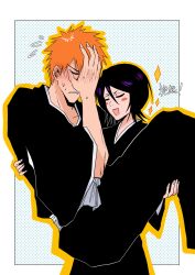 1boy 1girl black_hair black_kimono bleach blush carrying closed_eyes facepalm hair_between_eyes highres japanese_clothes kimono kuchiki_rukia kurosaki_ichigo orange_eyes orange_hair princess_carry shihakusho short_hair smile spiked_hair star_(sr67305775) star_(symbol) star_symbol_background