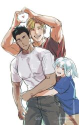 Rule 34 | 1girl, 2boys, ao isami, black hair, blonde hair, blue shirt, chinese commentary, closed eyes, commentary request, heart, heart hands, highres, hug, lewis smith, lulu (bang bravern), multiple boys, noomi, red shirt, shirt, short hair, simple background, smile, twitter username, viewfinder, white background, white shirt, yuuki bakuhatsu bang bravern