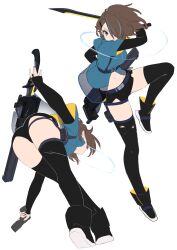 absurdres belt bent_over blue_eyes blue_hair brown_hair fabbusketch gun hair_ornament hairclip handgun highres holding holding_weapon jacket medium_hair multicolored_hair original see-through_clothes short_shorts shorts simple_background streaked_hair swinging_weapon sword thighhighs weapon