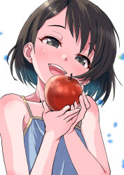 Rule 34 | 1girl, apple, bare shoulders, black eyes, black hair, blush, camisole, flat chest, food, fruit, highres, holding, holding food, holding fruit, idolmaster, idolmaster cinderella girls, looking at viewer, nonchan, open mouth, sasaki chie, short hair, smile, solo, upper body