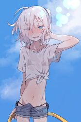 1girl :d absurdres ahoge arm_behind_head azuma_shino bad_id bad_twitter_id bikini black_bikini blue_eyes blue_shorts blush collarbone cowboy_shot day denim denim_shorts emaciated fang flat_chest hair_over_one_eye hand_up happy highres holding holding_hose hose lens_flare looking_at_viewer medium_hair micro_bikini midriff navel nowareno_(azuma_shino) open_mouth original outdoors pointy_ears shirt short_shorts short_sleeves shorts side-tie_bikini_bottom skinny smile solo swimsuit tied_shirt wet wet_clothes wet_shirt white_hair