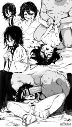 1boy 1girl absurdres after_vaginal aftersex cum cum_in_pussy flat_chest greyscale hetero highres kyomoto_(look_back) loffo loli look_back missionary monochrome penis sex sketch