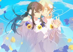 2boys :d alternate_costume alternate_hairstyle blonde_hair blue_flower blue_pansy blue_petals blue_sky closed_eyes closed_mouth cloud collarbone collared_shirt double-parted_bangs ensemble_stars! falling_petals floating_hair flower grin hair_between_eyes hair_flower hair_ornament hair_ribbon hakaze_kaoru hands_up heads_together holding_hands interlocked_fingers jewelry kanzaki_souma kaoso long_hair long_sleeves low_ponytail male_focus multiple_boys necklace open_mouth pansy pearl_necklace petals ponytail puffy_long_sleeves puffy_sleeves purple_hair ribbon shirt short_ponytail sidelocks sky smile three-quarter_sleeves upper_body v-neck white_flower white_ribbon white_shirt wing_collar wolf_cut wrist_ribbon yaoi yellow_flower yellow_pansy yellow_petals