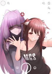 2girls absurdres anger_vein animal_ear_fluff animal_ears antenna_hair arthropod_girl black_shirt breasts brown_eyes brown_hair closed_eyes closed_mouth collarbone dearsqn deer_ears deer_girl facial_mark gold_necklace grey_pants hair_ornament highres jewelry large_breasts long_hair matara_kan matara_kan_(casual) multiple_girls necklace one_eye_closed pants purple_hair real_life selfie shaded_face shirt signature single_bare_shoulder syxh trembling two_side_up very_long_hair virtual_youtuber vshojo