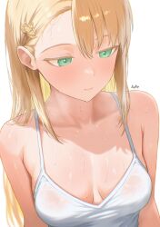1girl absurdres asymmetrical_bangs bare_shoulders blonde_hair blush breasts cleavage closed_mouth collarbone diptip from_above green_eyes hair_ornament highres long_hair medium_breasts original see-through_clothes see-through_shirt shirt simple_background solo sweat sweaty_clothes tank_top wet wet_clothes wet_shirt white_background white_tank_top