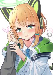 1other 2girls animal_ear_headphones animal_ears blonde_hair blue_archive blue_necktie blush bow buttons cat_ear_headphones cat_ears cat_tail collarbone collared_shirt commentary_request doodle_inset eyebrows_hidden_by_hair fake_animal_ears fake_tail fang green_bow green_eyes green_halo green_jacket hair_bow halo hand_on_another&#039;s_hand hand_on_another&#039;s_head hand_on_another&#039;s_wrist headphones heart highres htnurupo jacket long_sleeves looking_at_viewer low-tied_sidelocks medium_hair midori_(blue_archive) momoi_(blue_archive) multicolored_jacket multiple_girls necktie open_clothes open_jacket open_mouth parted_bangs pink_bow pink_halo pink_jacket pov pov_hands school_uniform shirt sidelocks simple_background skin_fang smile solo_focus sweat sweatdrop tail unbuttoned upper_body v-shaped_eyebrows white_background white_jacket white_shirt wide_oval_eyes wide_sleeves