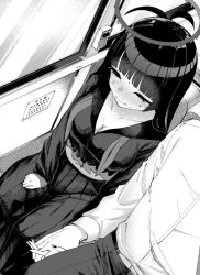 1boy 1girl blue_archive blush breasts bus_interior chawanman cleavage closed_eyes closed_mouth commentary_request greyscale halo holding_hands large_breasts liquid_halo long_hair monochrome navel neckerchief pants pleated_skirt school_uniform sensei_(blue_archive) serafuku shirt sitting skirt sweat tsurugi_(blue_archive) window