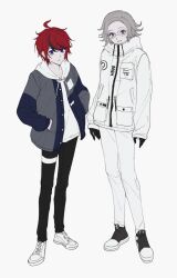 2boys absurdres ahoge aotsuki_eito black_gloves black_pants black_shoes blue_eyes bog_i66820 drawstring full_body gloves grey_hair grey_jacket hands_in_pockets highres hood hoodie jacket looking_at_viewer male_focus multicolored_hair multiple_boys pants purple_eyes red_hair shoes short_hair simple_background streaked_hair sumino_takumi the_hundred_line_-last_defense_academy- thigh_strap white_background white_hoodie white_jacket white_pants white_shoes