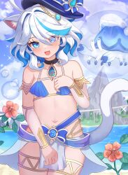 1girl absurdres ahoge animal_ears bikini blue_bikini blue_eyes blue_hair blue_hat blush bow breasts cat_ears cat_tail furina_(genshin_impact) genshin_impact gold_trim hair_between_eyes hat hat_bow heterochromia highres long_hair looking_at_viewer mademoiselle_crabaletta medium_hair multicolored_hair navel nekopurin_(nyanko_prin) open_mouth small_breasts smile solo stomach streaked_hair swimsuit symbol-shaped_pupils tail top_hat vision_(genshin_impact) white_hair white_tail