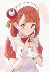 1girl absurdres ai_scream!_(love_live!) blush bow bowtie collarbone commentary_request detached_collar dress flower flower_hairpin frilled_dress frills green_eyes hair_flower hair_ornament highres index_fingers_together looking_at_viewer love_live! love_live!_nijigasaki_high_school_idol_club medium_hair myaku-myaku official_alternate_costume one_side_up orange_hair orange_sleeves own_hands_together parted_lips pinstripe_sleeves puffy_short_sleeves puffy_sleeves red_bow red_bowtie short_sleeves solo tata_(tataice) uehara_ayumu upper_body white_background white_dress