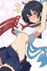 1girl @_@ ^^^ alternate_costume armpits arms_up asymmetrical_wings black_hair black_thighhighs blue_sailor_collar blue_skirt blue_wings blush breasts cato_(monocatienus) commentary_request cowboy_shot fang highres houjuu_nue looking_at_viewer navel neckerchief no_bra no_panties nue_day open_mouth pink_background red_eyes red_neckerchief red_wings sailor_collar school_uniform serafuku shirt short_hair skin_fang skirt sleeveless sleeveless_shirt small_breasts smile solo thighhighs touhou underboob white_shirt wings