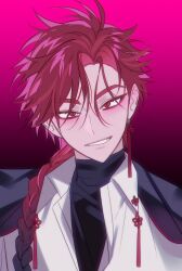 Rule 34 | 1boy, black jacket, black shirt, braid, braided ponytail, chinese clothes, chinese knot, collared shirt, earrings, ez rezero, gradient background, grin, hair over shoulder, highres, jacket, jewelry, long hair, looking at viewer, male focus, multicolored hair, pink background, portrait, red eyes, red hair, shiguang dailiren, shirt, single braid, single earring, smile, solo, tassel, tassel earrings, teeth, turtleneck, upper body, white shirt, xiao weiying