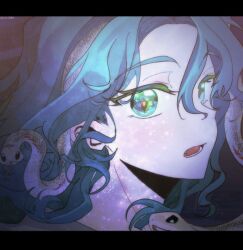 1girl blue_hair double_exposure eyelashes fang green_eyes highres hissabeth kim_8thhh long_hair looking_at_viewer open_mouth portrait red_pupils reverse:1999 sky slit_pupils snake snake_on_head solo star_(sky) starry_sky