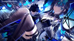 1girl absurdres arcaea bare_shoulders black_dress black_gloves black_hair blue_eyes blunt_bangs bow breasts butterfly_hair_ornament cleavage collarbone dress earrings garter_straps gloves hair_bow hair_ornament highres jewelry large_breasts long_hair long_sleeves medium_breasts rain solo tairitsu_(arcaea) tairitsu_(tempest)_(arcaea) thighhighs thighs user_pfxe7222