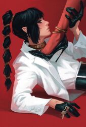 Rule 34 | 2girls, absurdres, baldur&#039;s gate, baldur&#039;s gate 3, black hair, choker, colored skin, contemporary, cymk 8, dungeons & dragons, dungeons &amp; dragons, femdom, gloves, green eyes, head out of frame, high heels, highres, karlach, key, long hair, multiple girls, red background, red skin, shadowheart (baldur&#039;s gate), yuri