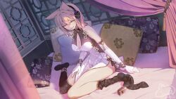 1girl alternate_costume anklet_removed bare_shoulders bed_sheet black_thighhighs blonde_hair bracelet breasts china_dress chinese_clothes cleavage_cutout clothing_cutout commentary curtains dress dutch_angle earmuffs elbow_gloves full_body gloves gold_anklet gold_bracelet gold_trim jewelry large_breasts looking_at_viewer loose_thighhigh mandarin_collar medium_hair no_shoes on_bed pelvic_curtain pillow print_thighhighs signature sitting sleeveless sleeveless_dress smile solo syuri22 tassel thighhighs touhou toyosatomimi_no_miko white_gloves