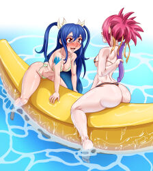 2girls absurdres arm_behind_back arm_support arm_tattoo ass banana_boat bikini blue_bikini blue_hair blush body_blush breasts cleavage dildo double_dildo excited fairy_tail feet female_focus full_body gingham green_bikini hair_ribbon halterneck hidden_face highres holding holding_behind_back holding_sex_toy imminent_penetration inflatable_banana inflatable_raft karuro-kun large_breasts leaning_forward long_hair looking_at_another median_furrow micro_bikini multicolored_bikini multiple_girls naughty_face navel ocean open_mouth orange_bikini pink_hair purple_eyes ribbon sex_toy sheria_blendy shiny_skin sideboob smile soles straddling string_bikini striped_bikini striped_clothes swimsuit tareme tattoo thong_bikini twintails underboob very_long_hair water wendy_marvell wet yuri
