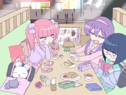3girls animal bag bell black_eyes blue_bow blue_sweater blunt_bangs book bow cake cat closed_mouth coffee coffee_mug crystal cup digital_media_player expressionless ezaki_bisuko food fork french_fries fruit green_sailor_collar green_skirt grey_bag hair_bow happy heart-shaped_mouth hexagram highres holding holding_book holding_cup ice_cream indoors ipod jewelry ketchup looking_at_another menhera-chan_(ezaki_bisuko) menhera-chan_(ezaki_bisuko)_(character) menu_board mug multiple_girls necklace open_mouth paper pencil_case people pill pink_bag pink_hair pink_sailor_collar pink_sweater pleated_skirt purple_bow purple_sailor_collar purple_skirt purple_sweater rabbit restaurant road sabukaru-chan_(ezaki_bisuko) sailor_collar semi-rimless_eyewear short_twintails sidelocks sitting skirt sleeping star_(symbol) star_of_david strawberry street sweater tissue traffic_light twintails usatan_(ezaki_bisuko) yumekawa-chan_(ezaki_bisuko)
