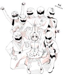 10s animal_ears animal_print bow bowtie choujuu_sentai_liveman cross-laced_clothes crossover doubutsu_sentai_zyuohger elbow_gloves gao_red geki_red ginga_red gloves high-waist_skirt highres hyakujuu_sentai_gaoranger juuken_sentai_gekiranger kemono_friends kirikirimai_(kkm) monochrome red_cheetah red_falcon seijuu_sentai_gingaman serval_(kemono_friends) serval_tail shirt skirt sleeveless sleeveless_shirt striped_tail super_sentai tail taiyou_sentai_sun_vulcan tareme tokumei_sentai_go-busters vuleagle