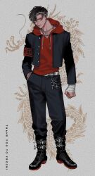 1boy absurdres animal_background armband artist_name asymmetrical_bangs bandaged_hand bandages belt wallet_chain black_boots black_hair black_jacket black_pants boot_straps boots borrowed_character bousouzoku bracelet buttons chain chain_necklace clenched_hand closed_mouth collarbone colored_shoe_soles combat_boots commission commissioner_name cropped_jacket cross delinquent ear_piercing earrings english_text film_grain full_body gakuran go_e_0000 grey_hair hand_in_pocket high_heel_boots high_heels highres hood hood_down hoodie jacket jewelry latin_cross lips looking_at_viewer male_focus multicolored_hair multiple_necklaces multiple_piercings necklace original pants pants_tucked_in parted_bangs piercing red_armband red_hoodie school_uniform skeb_commission solo standing thank_you two-tone_hair white_belt yellow_eyes