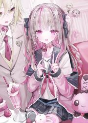 Rule 34 | 1boy, 1girl, black sailor collar, black skirt, blazer, blonde hair, brown hair, chibi, chibi inset, choker, collared shirt, food, fork, fruit, green eyes, hair intakes, hair ribbon, highres, holding, holding fork, jacket, long hair, looking at viewer, makaino ririmu, makaino ririmu (4th costume), multicolored hair, neckerchief, necktie, nijisanji, pink eyes, pink hair, pink jacket, pleated skirt, red neckerchief, red necktie, ribbon, sailor collar, school uniform, serafuku, shirt, short hair, sitting, skirt, strawberry, stuffed animal, stuffed rabbit, stuffed toy, two-tone hair, two side up, uzuki kou, uzuki kou (3rd costume), v, virtual youtuber, white shirt, yunara