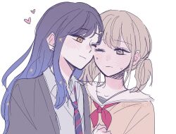 Rule 34 | 2girls, azusawa kohane, black hair, black jacket, blazer, blue necktie, blush, brown eyes, brown hair, brown shirt, cheek-to-cheek, closed mouth, collared shirt, commentary, dangmoo 17, ear blush, gradient hair, hair ornament, heads together, heart, jacket, multicolored hair, multiple girls, neckerchief, necktie, one eye closed, project sekai, purple hair, red neckerchief, sailor collar, school uniform, shiraishi an, shirt, short twintails, simple background, smile, star (symbol), star hair ornament, sweatdrop, symbol-only commentary, twintails, twitter username, upper body, white background, white sailor collar, white shirt, yellow eyes, yuri