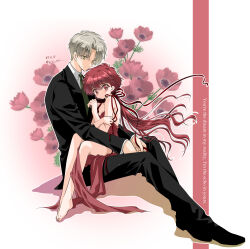1boy 1girl age_difference alternate_costume alternate_hairstyle barefoot black_pants black_shoes breasts cleavage closed_mouth couple dress eagle_vision english_text flower flower_request formal_clothes green_necktie grey_hair hand_up highres laki_(laki_cu) long_hair low_ponytail magic_knight_rayearth necktie outline pale_skin pants ponytail red_dress red_eyes red_flower red_hair shidou_hikaru shoes signature sitting sitting_on_lap sitting_on_person smile suit very_long_hair white_outline yellow_eyes