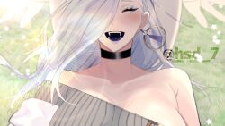 1girl black_tongue blue_eyeliner blue_lips dress earrings eyeliner fangs fate/grand_order fate_(series) grey_dress hair_over_one_eye highres hoop_earrings hsd_7 jewelry makeup off_shoulder mrs._snake_(fate) ribbed_dress solo sweater sweater_dress upper_body