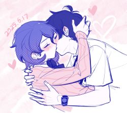 1boy 1girl blush bow bowtie cardigan closed_eyes collared_shirt commentary couple dated ear_blush earrings english_commentary flipped_hair from_side gekkoukan_high_school_uniform hand_on_another&#039;s_head hand_on_another&#039;s_shoulder heart highres jewelry kiss long_sleeves neck_ribbon persona persona_3 pink_cardigan profile ribbed_cardigan ribbon rrrrrrrrrrrou1 school_uniform shirt short_hair short_sleeves stud_earrings takeba_yukari upper_body watch white_shirt wristwatch yuuki_makoto_(persona_3)