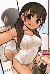 1girl black_cat black_hair blue_eyes breasts cat collarbone commentary_request covered_navel dark-skinned_female dark_skin indoors large_breasts lee_(colt) long_hair looking_at_viewer mirror one-piece_swimsuit original school_swimsuit selfie swimsuit variant_set white_one-piece_swimsuit