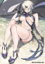 Rule 34 | 1girl, 92m, afloat, animal, armpit crease, atelier (series), atelier resleriana, bare arms, bare legs, bare shoulders, beach, bikini, black bikini, black gloves, black shoes, bracelet, breast curtains, breasts, breasts apart, brooch, bug, butterfly, butterfly brooch, butterfly ornament, colored shoe soles, commentary request, company name, copyright notice, criselda (atelier), elbow rest, expressionless, fingerless gloves, full body, gloves, guest art, hand on ground, highres, insect, jewelry, knees up, large breasts, lipstick, lying, lying on animal, makeup, micro bikini, navel, official art, on back, on ground, outdoors, parted lips, partially submerged, profile, purple brooch, purple butterfly, purple eyes, purple lips, refraction, scar, scar across eye, scar on face, second-party source, shiny skin, shoes, shore, short hair, skindentation, slit pupils, solo, stomach, strappy heels, string bikini, swimsuit, tassel, thick thighs, thigh strap, thighs, turning head, water drop, wet, white hair, yellow eyes